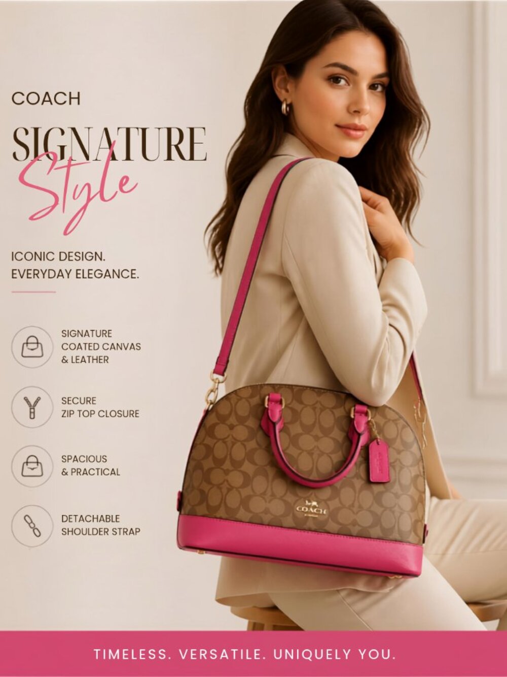 22. Coach Signature Logo Medium Dome Zip Top Satchel Brown/Pink Detachable Strap